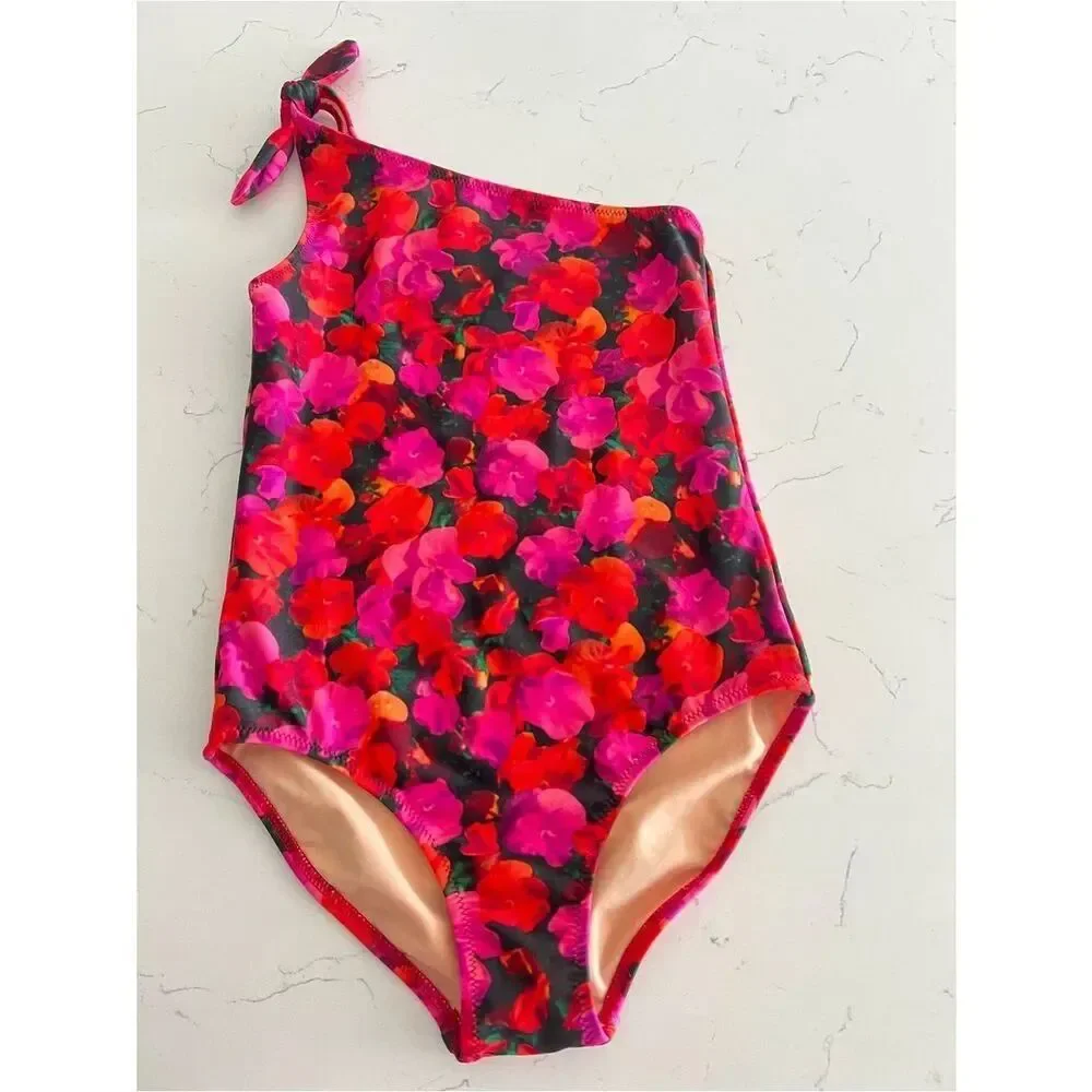 Crewcuts Girl one shoulder Swimsuit pansy floral Size 6-7 NWT